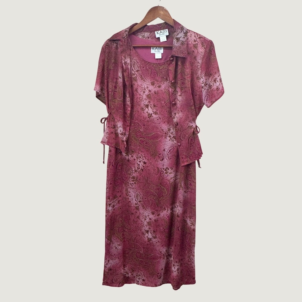 Kari New York Dress Set M Pink Paisley Midi Short Sleeve Jacket Coquette Boho